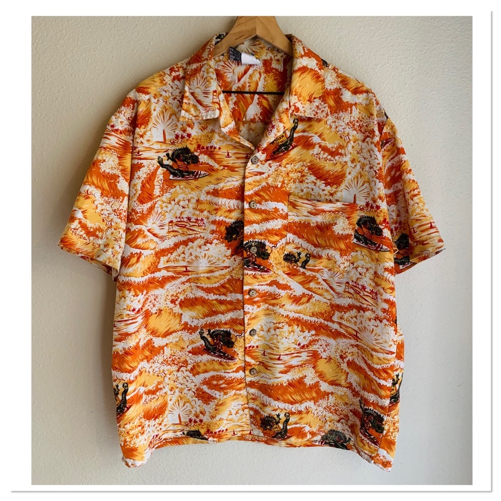 Vintage Kennington Hawaiian Dragon Print Button Up Shirt Orange Size XL